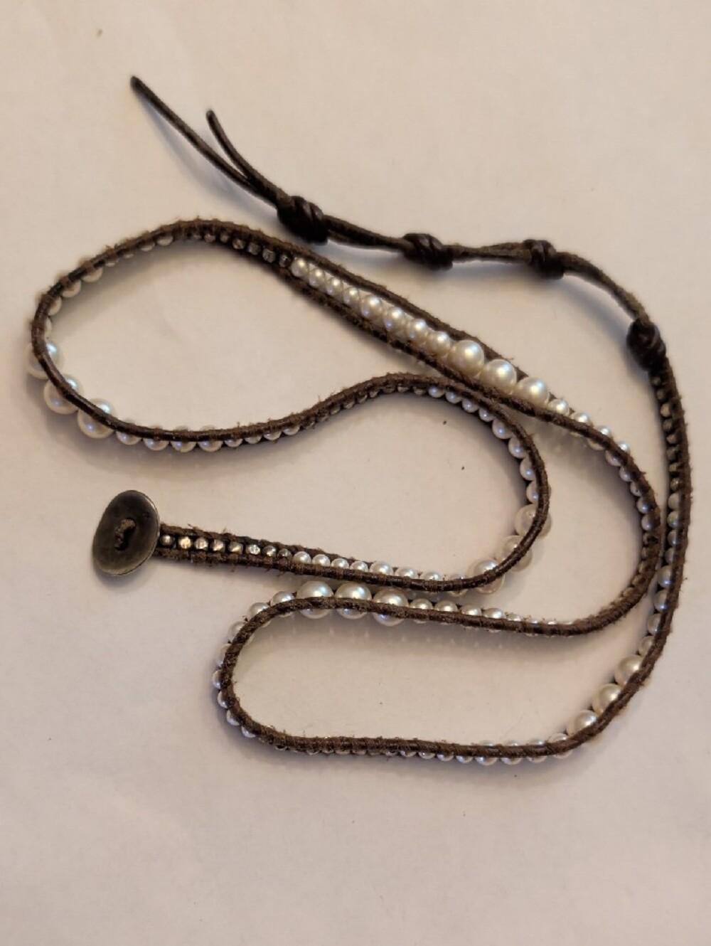 Chan Luu Brown Leather Wrap Bracelet with White Pearls - Picture 8 of 8
